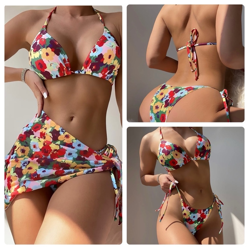3pc Floral Halter Cheeky Bikini Set with Sarong Cover Up